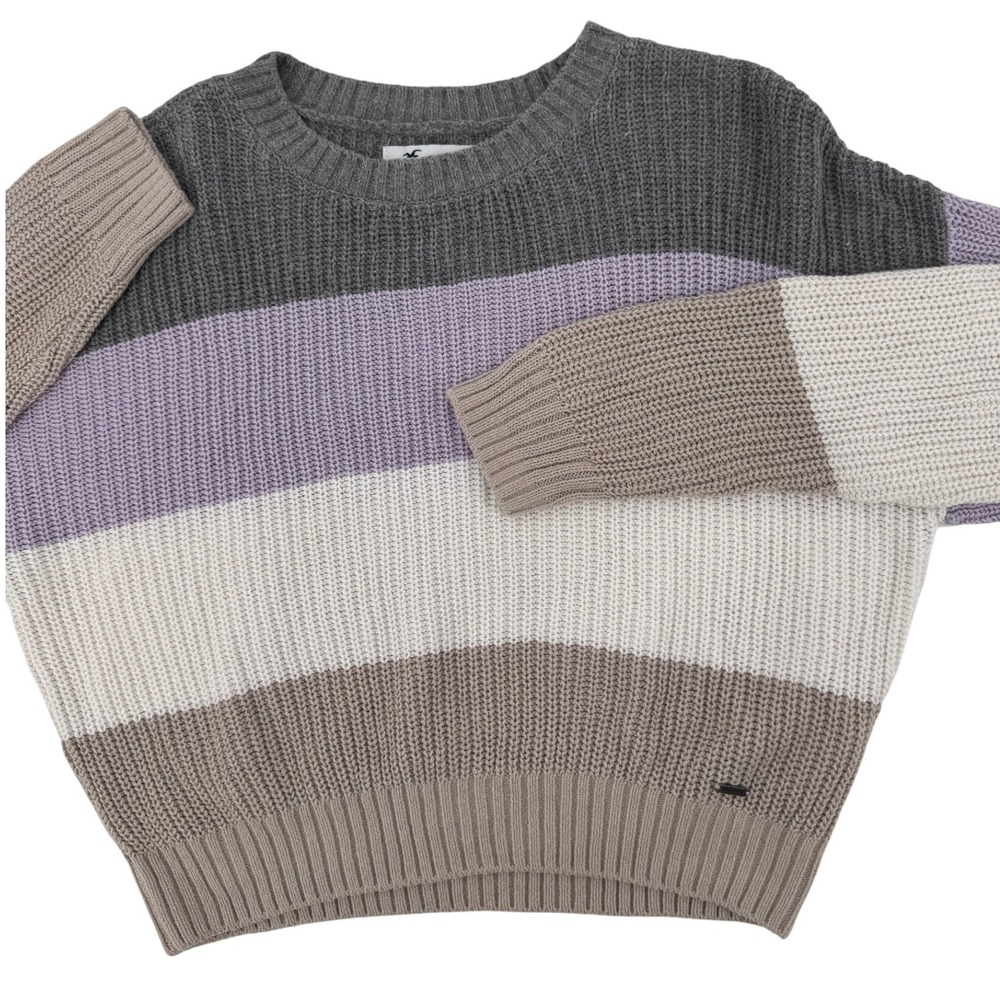 Hollister Striped Crew Neck Sweater Pullover XS Gray Lavender White Tan
